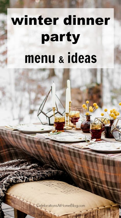 Host a winter dinner party at home with these menu recipes and casual tablescape ideas. #dinnerparty #entertaining #home #menu Hosting Family Dinner Party Ideas, Informal Dinner Party Ideas, Winter Feast Dinner Parties, January Dinner Party Menu Ideas, Entertaining Menu Ideas, House Party Menu Ideas, Dinner Party Themes Winter, Dinner Party Menus Entertaining, Weekend Guest Menu Ideas