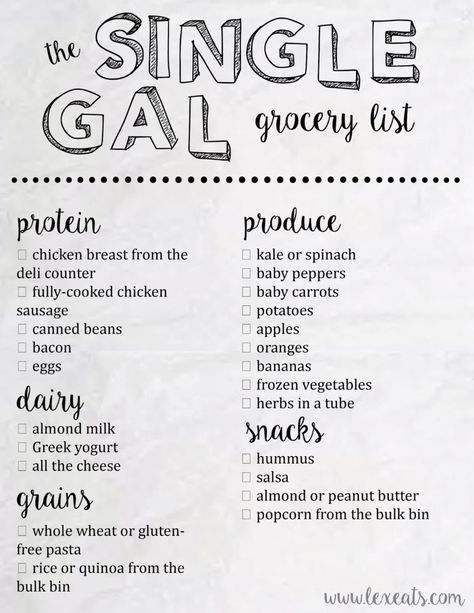 The Single Gal's Grocery List from lexeats.com. Don't waste food and don't get stuck with leftovers you won't eat! Easy Grocery List For Two, High Protein Grocery List Meal Prep, Healthy Grocery List On A Budget For One, How To Grocery Shop, College Grocery List, Budget Grocery List, Living On Your Own, Cheap Grocery List, College Grocery