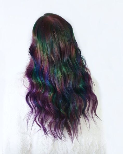 I’m Still kicking myself at how pretty this came out on the natural level 8 up topI love how forgiving these colours arethis one reminds me of oil slickColour @manicpanicnyc styling @nakman1 @nakhair Oil Slick Ombre Hair, Oil Silk Hair Color, Oil Slick Rainbow Hair, Peekaboo Oil Slick Hair, Dark Prism Hair, Oil Slick Hair Color Brunettes Peekaboo, Rainbow Peekaboo Hair Dark Brown, Oil Spill Hair Brunettes, Oilslick Haircolor