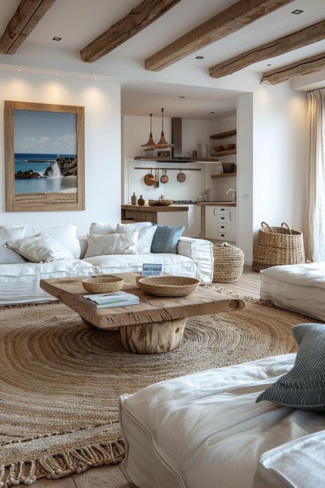 Modern Beachy Dining Room, Beach House Small Living Room, Beachy Home Decor Living Room, Coastal Cabin Living Room, Industrial Coastal Living Room, Italian Beach House Interior Design, Minimalist Coastal Home, Coastal Mid Century Modern Living Room, Rustic Coastal Living Room Ideas