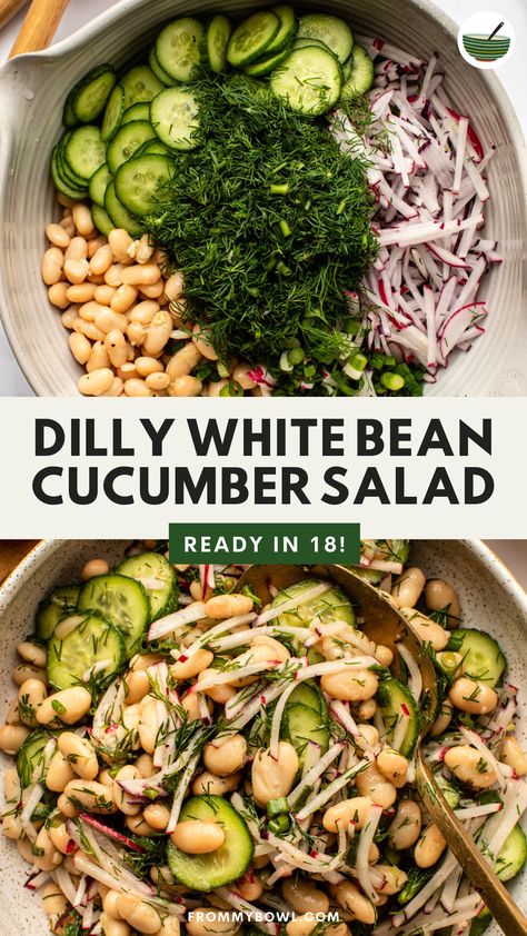 This Dilly White Bean Cucumber Salad is a picnic-perfect side dish that tosses crisp cucumbers, creamy white beans, and lots of fresh dill with a refreshingly zingy vinaigrette. Vegan and Gluten-Free, Oil-Free Option. White Bean Summer Salad, Summer Salad Cucumber, Cucumber Meal Prep, Lean Clean Meals, Black Bean Cucumber Salad, One Dish Dinners Healthy, Dill Bean Salad, Refreshing Vegetarian Meals, Hearty Green Salads