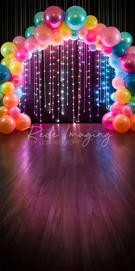 90s Party Balloon Arch, Candy Land Theme Backdrop, Neon Birthday Theme Ideas, Iridescent Balloon Arch, Photo Backdrop Ideas Birthday, Decades Backdrop, Neon 13 Birthday Party, Color Run Balloon Arch, Teen Theme Party Ideas