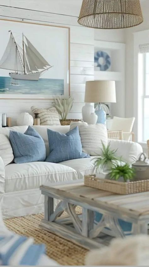 Beach Blue Living Room, Hamptons Style Furniture, Scandi Coastal Living Rooms, Coastal Modern Interior, Beach Home Decor Coastal Style, Coastal Grandma Living Room Ideas, Decorating A Beach House, Beach Style Interior Design, Modern Beach House Decor Living Room