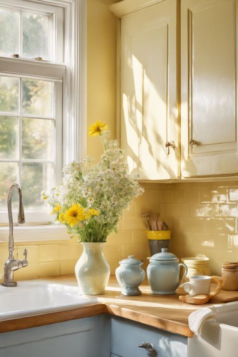 Bright kitchen with yellow walls, blue cabinets, and a vase of yellow and white flowers on the countertop next to ceramic jars and a coffee cup. Cheerful Kitchen Ideas, Pale Yellow Kitchen Ideas, Yellow And Wood Kitchen, Small Kitchen Wall Colors, Home Decor Ideas Color Schemes, Yellow Wall Kitchen, Kitchen Design Palette, Yellow Walls Kitchen, Modern Kitchen Colors Schemes