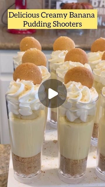 Kori Lowe on Instagram: "Whipped up these creamy and delicious banana pudding shooters for my niece’s birthday party! 🥳 This recipe used to be a top seller at our bakery, and it's no surprise—the homemade whipped cream takes it to the next level! 🍌✨ Check out the video above for the full recipe! 👆🏽  . . . #BananaPudding #DessertShooter #HomemadeWhippedCream #PartyTreats #BakingLove #FoodieFavorites #SweetTreats #partyideas #desserttable #bridalshower #babyshower" Mini Dessert Shooters Easy, Individual Party Food Ideas Dessert, Mini Treats For Parties, Birthday Desert Bar Ideas, Dessert Shooters Easy Simple, No Bake Shooter Desserts, No Bake Dessert Shooters, Cake Shooters Recipe, Individual Birthday Cakes Ideas