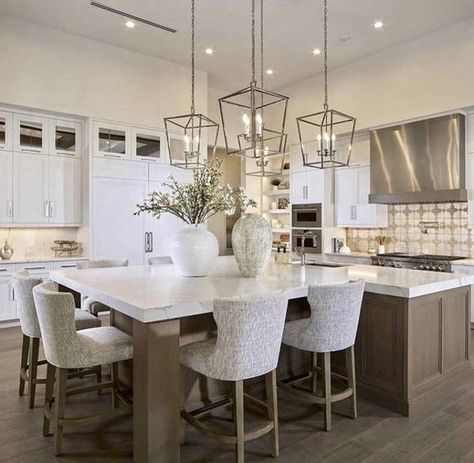 Modern Kitchen Island With Table, Kitchen Island Dining Table Combo Square, Built In Island Seating, Kitchen Island With Seating On Three Sides, 16x20 Kitchen Layout, T Island Kitchen, Break Fast Table In Kitchen, Oak Kitchen Island With Seating, Kitchen Islands Ideas With Seating For 6