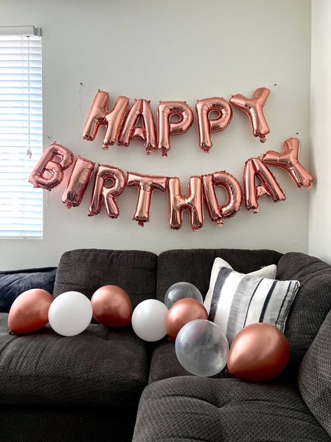 Rose gold foil “Happy Birthday” balloon banner, assorted balloons (rose gold, white, transparent) Balloons Rose Gold, Gold Birthday Decorations, Happy Birthday Balloon Banner, Rose Gold Birthday, Balloon Banner, Happy Birthday Balloons, Rose Gold White, Gold Birthday, Birthday Decoration