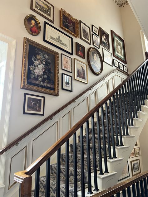 Staircase Wall Collage, Photos Along Staircase, Artwork Up Staircase, Tall Stair Wall Decor, Wall Art For Staircase, Vintage Gallery Wall Staircase, Gallery Wall Above Wainscoting, Small Staircase Wall Decor, Mix Tiles Photo Wall Ideas Stairs