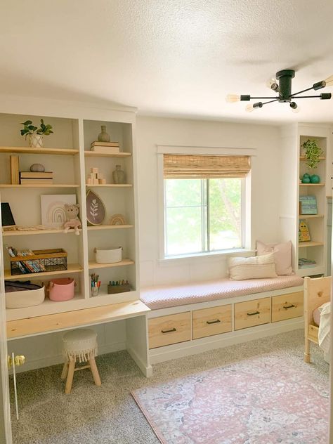 Built In Bookshelves Around Window With Desk, Asymmetrical Built Ins Around Window, Small Bedroom Built Ins, Nursery Built Ins, Built In Bookshelves Bedroom, Aspen Bedroom, Fun Home Office, Built In Desk And Shelves, Bedroom Built Ins