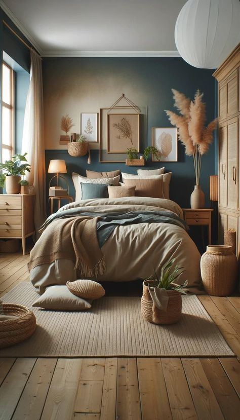 Navy Bedding Aesthetic, Blue And Clay Bedroom, Sw Riverway Coordinating Colors, White Bedroom Blue Accents, Bedroom Wall Colors 2024, Smokey Blue Bedroom, Blue Wall Room Ideas, Spare Bedroom Color Ideas, Guest Bedroom Ideas Blue