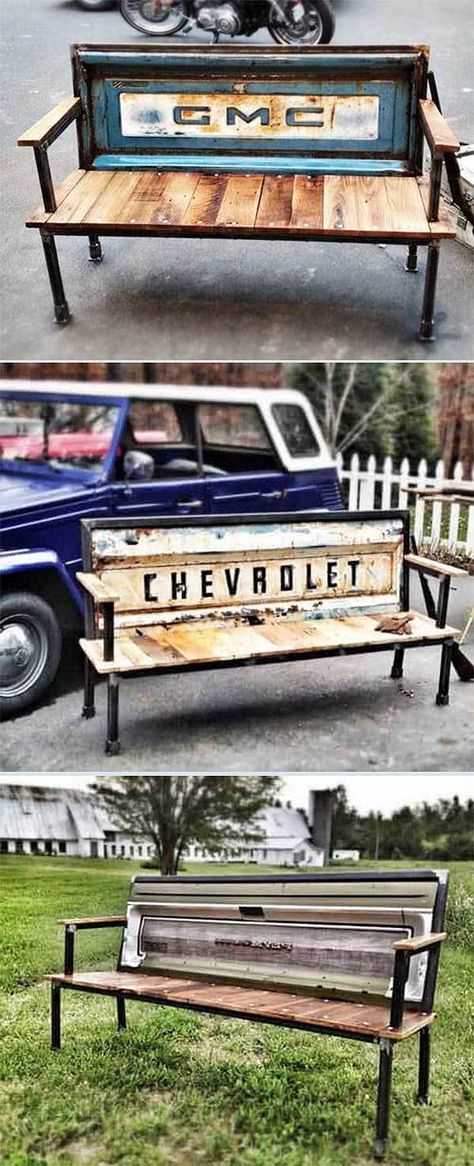 Vintage Tailgate Garden Benches Turn vintage tailgates from your local auto wreckers into unique benches that are perfect for the car enthusiast. #DIYHome #DIYDecor #DIYFurniture Old Tailgate Bench, Tailgate Bench Diy Plans, Old Tailgate Ideas, Tailgate Bench Plans, Ag Mech Projects Wood, Bbq Garage, Ag Mechanics Projects Ideas, Ford Bench, Diy Tailgate Bench