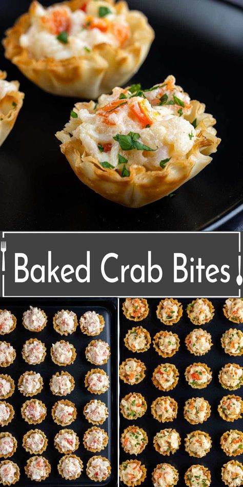 These easy Baked Crab Bites make for the ultimate bite-sized appetizer at parties. The combination of a creamy and savory crab filling with a light, crisp pastry makes them one of the perfect finger foods for parties. Delish Crab Cake Bites, Appetizer Recipes Crab, Fish Finger Food Ideas, Seafood Snackers Recipes, Lobster Puff Pastry Appetizers, Fish Hors D’oeuvres, Wedding Appetizer Recipes, Crab Party Food, Party Seafood Ideas