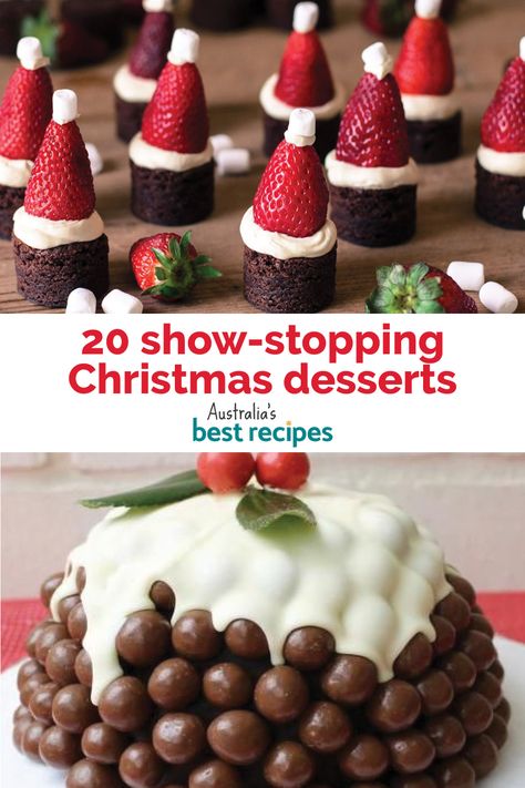 Make your Christmas dessert a real standout this year with these wow-factor treats that are guaranteed to impress everyone. Christmas Desserts Recipes Elegant, Christmas Desserts With Strawberries, Christmas Dinner Party Dessert Ideas, Fancy Christmas Baking, Christmas Lunch Dessert Ideas, Funny Christmas Food, Santa Dessert Ideas, Christmas Dessert Fruit, Christmas Show Stopper Desserts