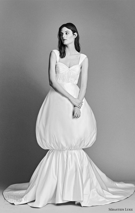 sebastien luke spring 2018 bridal cap sleeves sweetheart ruched bodice balloon skirt mermaid wedding dress (18b28) mv clean avant garde modern -- Sébastien Luke Spring 2018 Wedding Dresses Silhouette Mode, Skirt Mermaid, Avant Garde Dresses, Bridal Cap, Balloon Skirt, Wedding Inspirasi, Geometric Fashion, Balloon Dress, Bridal Jewellery Design