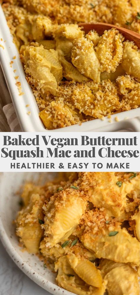 This baked vegan butternut squash mac and cheese uses a creamy cashew cheese sauce without dairy, coconut milk or vegan cheeses. An indulgent and comforting meal that is easy to make. Vegan Pumpkin Mac And Cheese, Baked Vegan Mac And Cheese, Mac And Cheese Baked, Mac And Cheese Healthy, Squash Mac And Cheese, Cashew Cheese Sauce, Butternut Squash Mac, Vegan Butternut Squash, Healthy Vegan Dinner Recipes