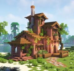 Minecraft Jungle House, Minecraft Brick, Minecraft Mountain House, Minecraft Mountain, Bangunan Minecraft, Jungle House, Minecraft House Plans, Minecraft Farm, Minecraft Cottage