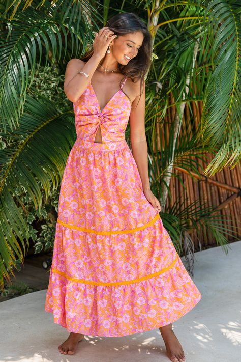 Introducing the Tangerine & Pink Floral Sweetheart Twist Maxi Dress. This maxi dress is a stunning blend of vibrant colors and feminine details. With its sweetheart neckline and twist detail, it exudes romantic charm. Crafted in a cheerful tangerine and pink floral print, it's perfect for summer weddings or garden parties. Product code: CAA05A4B113DN Features:  Woven  Sweetheart neckline  Sleeveless  Front twist  Front cut-out  Maxi  A-shape silhouette Pattern: Floral Wash Method: Regular Wash M Summer Formal Dresses Long, Summer Formal Dress, Maxi Dress V Neck, Shein Summer, Sundress Outfit, Vacation Dresses Beach, Summer Formal Dresses, Shape Silhouette, Maxi Shift Dress