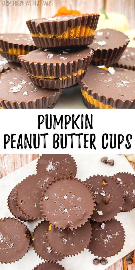 Pumpkin peanut butter cups with a salty pumpkin peanut butter layer and two creamy chocolate layers topped with flaky sea salt. Gluten Free Crock Pot Recipes, Pumpkin Peanut Butter, Healthy Chocolate Desserts, Healthy Dessert Recipes Easy, Pumpkin Cups, Dairy Free Cookies, Homemade Recipes Dessert, Peanut Butter Pumpkin, Gluten Free Desserts Recipes