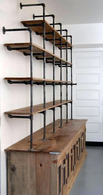 Gas Pipe Shelves, Industrial Pipe Closet, Diy Pipe Shelves, Wood Bookshelves, Vintage Industrial Furniture, Pipe Furniture, Pipe Shelves, Industrial Shelving, Wooden Shelf