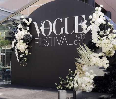 Black & White, Vogue, Vogue Festival 2019, Roses, Hydrangea, Preserved Flowers Corporate Events Decoration, Event Booth, Black And White Photo Wall, Prom Decor, Wedding Backdrop Design, Event Stage, Event Backdrop, Black And White Theme, Black Backdrops