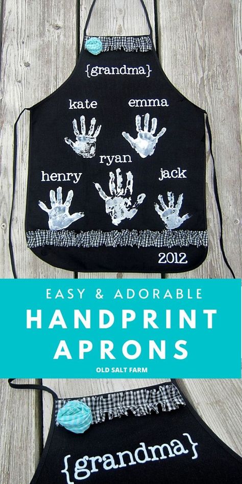 Handprint Aprons | Mother's Day Gift Idea: Make these easy and adorable aprons for moms, grandmas, and any other moms in your life! #handprintprojects #handprintcrafts #craftideas #kidscrafts #mothersdayideas #mothersdaygifts #mothersdaygiftideas #easygiftideas #giftsforgrandma #paintprojects #crafting #diyaprons #easyaprons #silhouetteprojects #silhouettecameo Diy Christmas Gifts For Kids, Diy Apron, Craft Apron, Gifts For Moms, Handprint Craft, Mothers Day Crafts For Kids, Handprint Crafts, Personalized Aprons, Diy Cricut