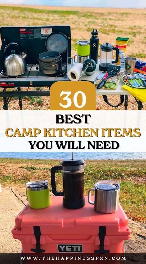 30 Best Camp Kitchen Items You Will Need Camping Kitchen Ideas, Tent Camping Must Haves, Must Have Camping Gear, Camping Essentials List, Kitchen Essentials List, Camping Utensils, Camping Packing List, Camping Must Haves, Camping Inspiration