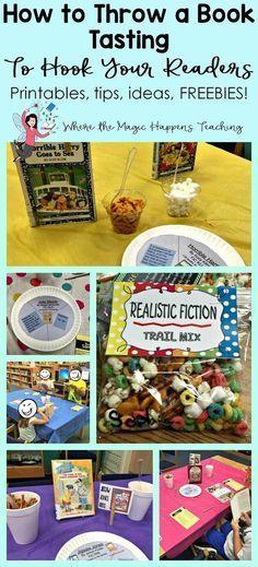 Where the Magic Happens: How to Throw a Book Tasting For 2nd Graders. Reading motivation for all readers. Free printables, tips, and ideas. Book Tasting Snacks, Reading Themes For Classroom, Booknic Ideas, Realistic Fiction Activities, Library Activities For Kids, Reading Snacks, Library Program Ideas, Book Club Snacks, Family Literacy Night