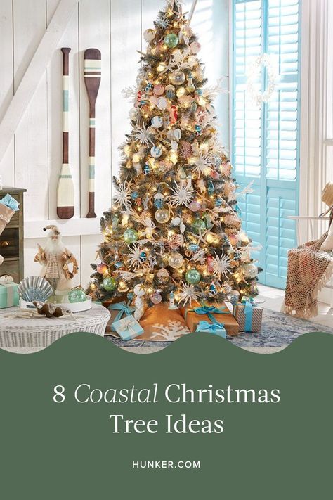 Coastal Tree Christmas, Elegant Coastal Christmas Tree, Christmas Beach Tree Ideas, Beach Christmas Trees Decorations, Nautical Themed Christmas Trees, Christmas Tree Ideas Coastal, Beach Xmas Tree, Coastal Theme Christmas Tree, Coastal Christmas Tree Decorations