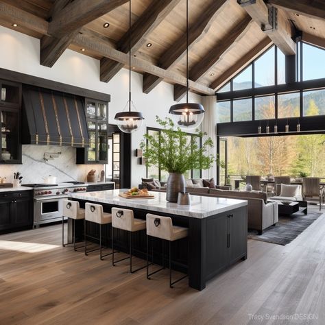 Kitchen Gold Hardware, Black Cabinets Kitchen, Black Modern Farmhouse, Black Kitchen Cabinet, Kitchen Cabinet Ideas, Lake House Kitchen, 2024 Kitchen, Simple Kitchen Design, Black Kitchen Island