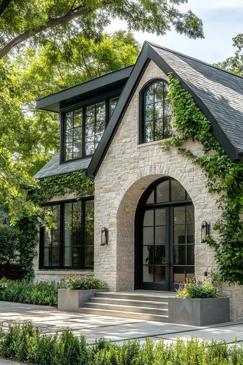 Modern cottage with stone brick siding stone grey roof windows with black trim arched entry door wall overgrown with vines paved yard with. Stay ahead of the curve and make your neighbors green with envy by uncovering the latest, eye-popping house exterior trends.