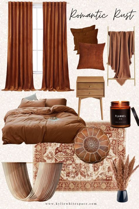 Rust Orange Neutral Interior Mood Board Plum Living Room Ideas, Burnt Orange Rooms, Burnt Orange Living Room Decor, Orange Interior Design, Burnt Orange Bedroom, Interior Mood Board, Guest Room Paint, Burnt Orange Living Room, Copper Bedroom