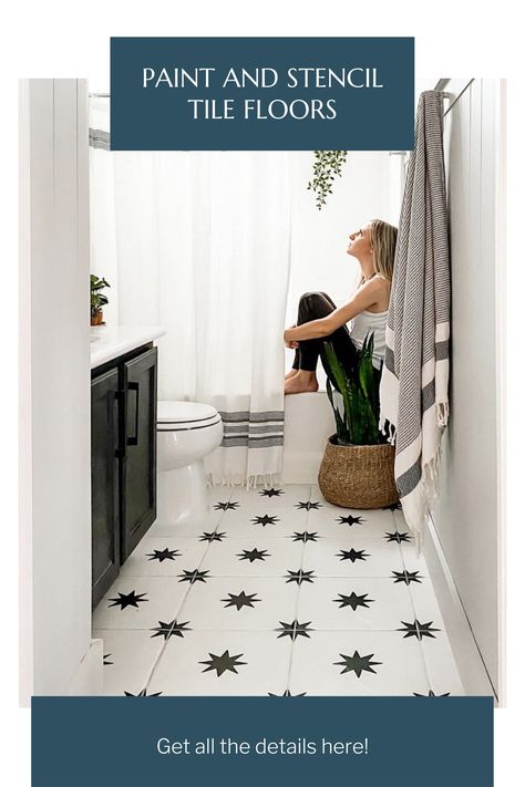 Check out these 3 easy ways to paint and stencil your tile floor. Paint Vinyl Tile Floor, Painting Bathroom Vinyl Floor, Painting Tile Floors Bathroom Stencil, Diy Painted Tile Floor Bathroom, Stencil On Tile Floor, Painting Bathroom Floor Tiles Diy, Update Kitchen Tile Floor, Painted Tile Floors Kitchen, Bathroom Floor Stencil Ideas