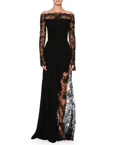 B43BU Alexander McQueen Off-the-Shoulder Lace Illusion Column Evening Gown Velvet Evening Gown, Red Evening Gowns, Evening Gowns With Sleeves, Alexander Mcqueen Dresses, Gaun Fashion, Fashion Gowns, Long Sleeve Gown, فستان سهرة, Lace Dress Long