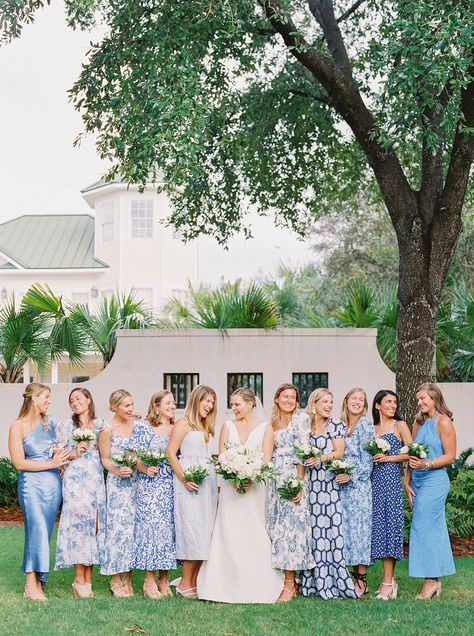 Wedding Officiant Attire Women Dresses, Mixed Blue Bridesmaid Dresses, Southern Belle Wedding, Bridesmaid Dresses Floral Print, White Bridesmaids, Wedding Cabo, Lotr Wedding, Printed Bridesmaid Dresses, Floral Bridesmaid Dresses