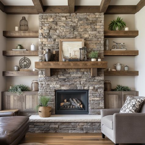 Built In Around Fireplace, Stacked Stone Fireplaces, House Flip, Built In Shelves Living Room, Fireplace Shelves, Brick Fireplace Makeover, Fireplace Built Ins, Farmhouse Fireplace, Rustic Fireplaces