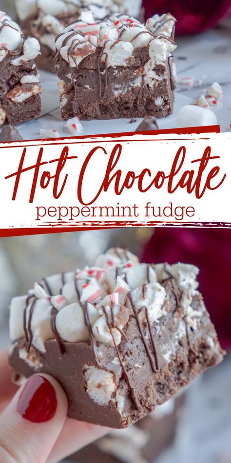 Hot Chocolate Peppermint Fudge! Easy Fudge Recipe for Christmas, Valentine's Day, or Winter! No Bake Homemade Fudge with Hot Chocolate and Marshmallows! Peppermint Fudge Easy, Hot Chocolate Fudge Recipe, Hot Chocolate Peppermint, Chocolate Peppermint Fudge, Peppermint Fudge Recipe, Hot Chocolate And Marshmallows, Easy Fudge Recipe, Holiday Fudge, Christmas Cookie Recipes Holiday