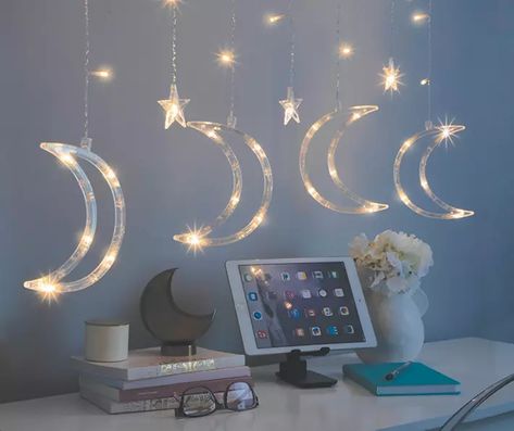 Warm White Moon & Star 56-Light Curtain Lights | Big Lots Celestial Room, Star Bedroom, Themed Kids Room, Led Curtain Lights, Moons And Stars, Led Curtain, White Moon, Small Bedroom Decor, Novelty Lighting