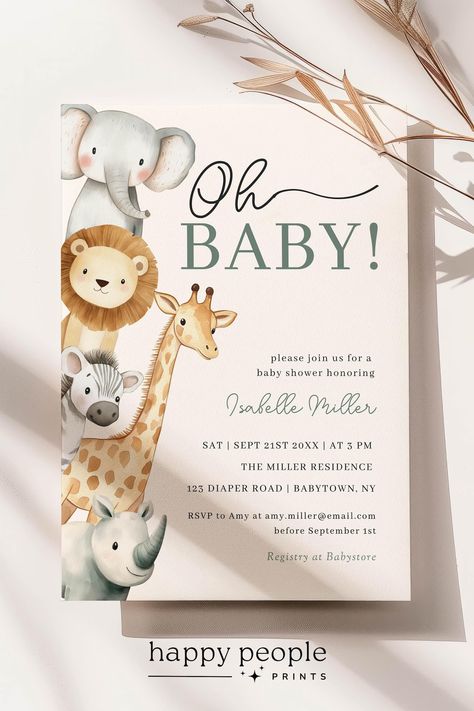 Editable Safari Baby Shower Invitation Template Oh Baby Jungle Invite Gender Neutral Safari Animals Party Invite Instant Download HP075A - Etsy Netherlands Animal Theme Baby Shower Ideas, Safari Theme Baby Shower Ideas, Baby Shower Jungle Theme, Vintage Baby Rooms, Gender Neutral Baby Shower Themes, Jungle Safari Baby Shower, Safari Invitations, Baby Jungle, Baby Shower Invites Neutral