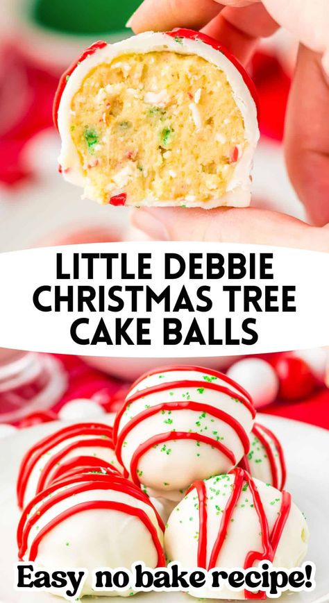 Christmas Tree Cake Balls are a fun twist on everyone’s favorite holiday treat! Made with just 5 simple ingredients, the no-bake treats are easy to make and have all the delicious flavor of Little Debbie snack cakes in every bite. Christmas Tree Cake Balls, Christmas Cake Balls, Little Debbie Snack Cakes, Little Debbie Christmas Tree, Christmas Candy Easy, Easy Christmas Candy Recipes, Debbie Snacks, Easy Candy, Cake Ball