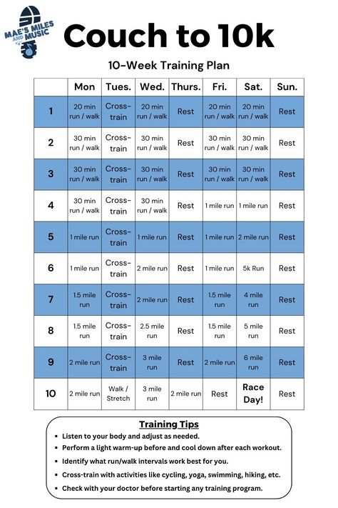 A couch to 10k training plan that spans ten weeks and provides insight each day. Walking/running, cross training, and resting are all important parts of this training schedule for beginner runners. Run 10k Training Plan, 10 Week Running Plan, 10 K Running Plan For Beginners, Running Program 10k, Running 10k Plan, 10k Training Schedule 10 Week, 10 Week 10k Training Plan, 6k Training Plan, How To Train For A 10 Mile Race