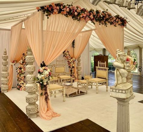 Sunset Mandap Decor, Indian Wedding Mandap Decorations Indoor, Indoor Mandap Design, Mandap Design Indoor, Indoor Stage Decorations Wedding, Mandap Draping, Phera Mandap Decor Indoor, Vidhi Mandap Decor, Indoor Mandap Decor Indian