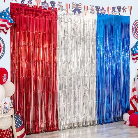 PRICES MAY VARY. ★【 PACKAGE INCLUDES 】: The patriotic theme foil fringe curtain is made of tinsel with shiny surface, lightweight and durable metallic fringe curtains. High quality fringe curtains, high toughness, unbreakable, can be used for a long time. ★【 EASY TO APPLY 】: Tear off the back of double-sided adhesive tape, then paste the fringe curtain on the top of the decorative place. ★【 PACKAGE 】: 3 pack foil fringe curtains. Size (width x drop):3.3 x 6.6 ft each, wonderful patriotic party d Patriotic Photo Backdrop, Patriotic Birthday Party, 4th Of July Decorations Outdoor, America Themed Party, Labor Day Decorations, American Themed Party, Candy Table Decorations, Patriotic Decorations Party, Fringe Curtains