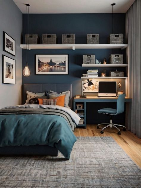 Teenage Room Decor Boy Small Bedroom Ideas, Room Ideas Boys Teen, Big Boys Room Ideas, Teenager Boy Bedroom Ideas, Room For Teenage Boys, Teenage Bedroom Ideas Boy, Small Bedroom For Boys, Boys Bedroom Desk, Tiny Boys Bedroom