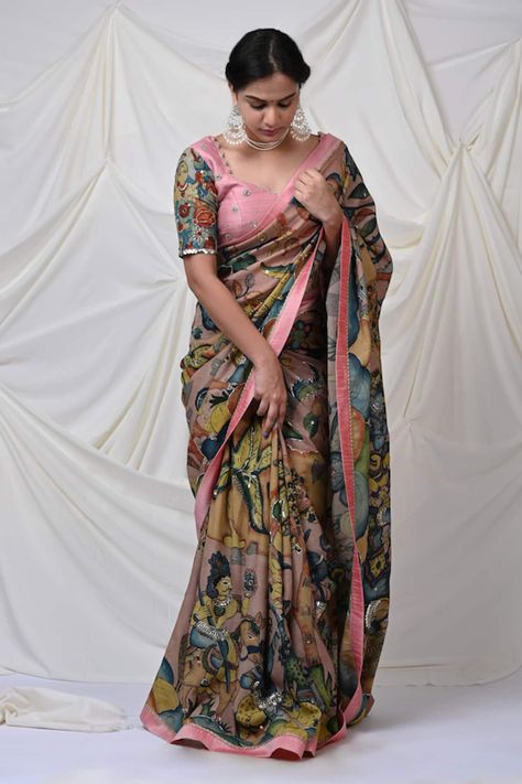 Buy Blue Georgette Applique Work Pre Draped Saree With Sleeveless Blouse For Women by Rohini Bedi Online at Aza Fashions. Kalamkari Silk Saree Blouse Designs, Sarees Trending Latest, Kalamkari Saree Blouse Design, Pen Kalamkari Saree Blouse Designs, Blouse Designs For Printed Sarees, Kalamkari Blouse Patterns, Mirror Work Designs For Blouses, Kalamkari Painting Saree, Blouse Designs For Floral Sarees