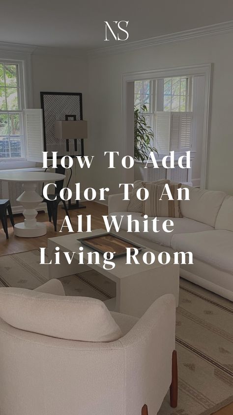 How to add dimension to an all white room. How to incorporate color in your home. How to add layers to a monochromatic interior. White room tips. Living room styling ideas. Living room design tips. #livingroom #whiteinterior Furniture For White Living Room, White Walls And Floors Living Room, Living Room White Cabinets, White Wall Interior Living Room, Off White Sofa Decor Color Schemes, Living Room With Off White Couch, White Interior Walls Living Room, Sofa Colours For White Walls, Decor For White Walls Living Room