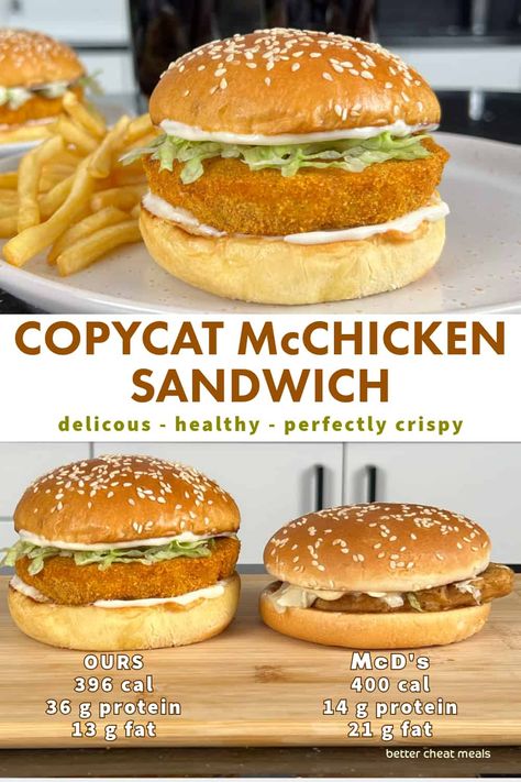 Feel good about trying this copycat McChicken sandwich. With a few simple swaps, you can indulge in your McDonald's favorite without the guilt. Using ground chicken and corn flakes, this healthy twist delivers all the goods. Perfect for the air fryer or oven, what's not to love about crispy chicken with 2.5x the protein and 60% less fat than the fast food version? Chicken Patty Recipes, Mcdonalds Recipes, Ground Chicken Burgers, Chicken And Corn, Mcdonalds Chicken, Crispy Chicken Burgers, Chicken Burgers Recipe, Chicken Sandwich Recipes, Chicken Sandwiches