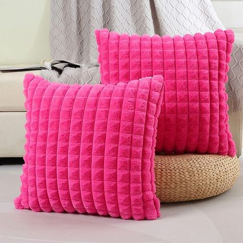 FUTEI Hot Pink Decorative Throw Pillow Covers 26x26 Inch Set of 2,Square Cushion Case,Soft Fluffy Faux Rabbit Fur Plaid/Cozy Velvet,Euro Pillow Shams,Modern Home Decor for Couch Bed Timeless Athleisure, Eclectic Grunge, Pink Dorm Room Decor, Hot Pink Room, Hot Pink Bedrooms, Hot Pink Throw Pillows, Edgy Minimalist, Pink Dorm Rooms, Pink Dorm