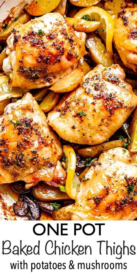 Garlic Butter Baked Chicken, Dutch Oven Chicken Thighs, Dinner Idea Chicken, Butter Baked Chicken, Chicken Thighs With Potatoes, Chicken Thighs In Oven, Potatoes And Mushrooms, Recipe With Potatoes, Dutch Oven Chicken