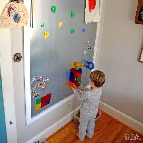 DIY Magnet Wall - Days With Grey Magnetic Board For Kids, Magnet Board Kids, Lego Storage Solutions, Diy Magnet Board, Magnetic Paint, Diy Playroom, Sensory Wall, Diy Magnets, Toddler Playroom