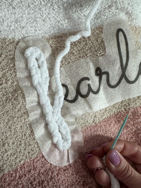 Yarn Embroidery on Chunky Sweater - Sulky Yarn Name Sweater Diy, Knitting Thick Yarn, Hand Embroidery Patterns Sweatshirt, Diy Yarn Embroidery Sweatshirt, Chenille Yarn Embroidery, Thick Yarn Embroidery, Hand Stitch Sweatshirt, Chenille Embroidery Sweatshirt Diy, Diy Chenille Yarn Letter Sweatshirt